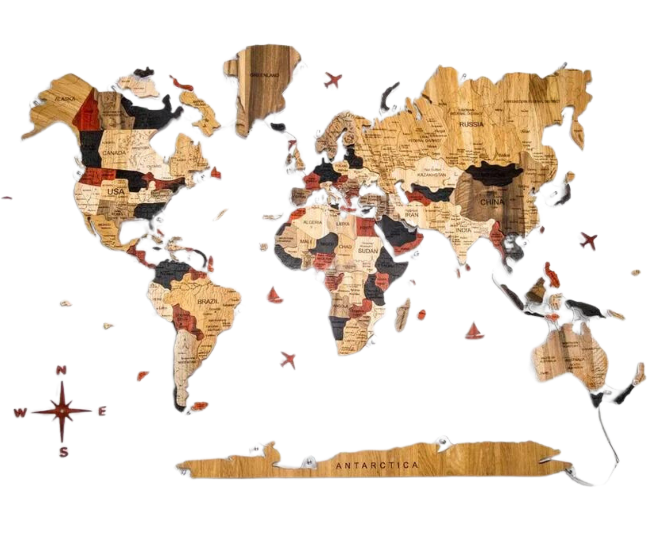 3D Solid Wooden World Map