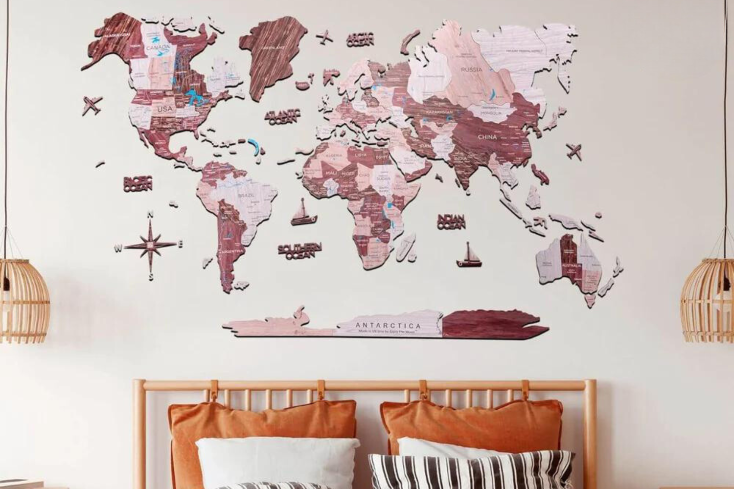 2D Weltkarte aus Holz Cappuccino