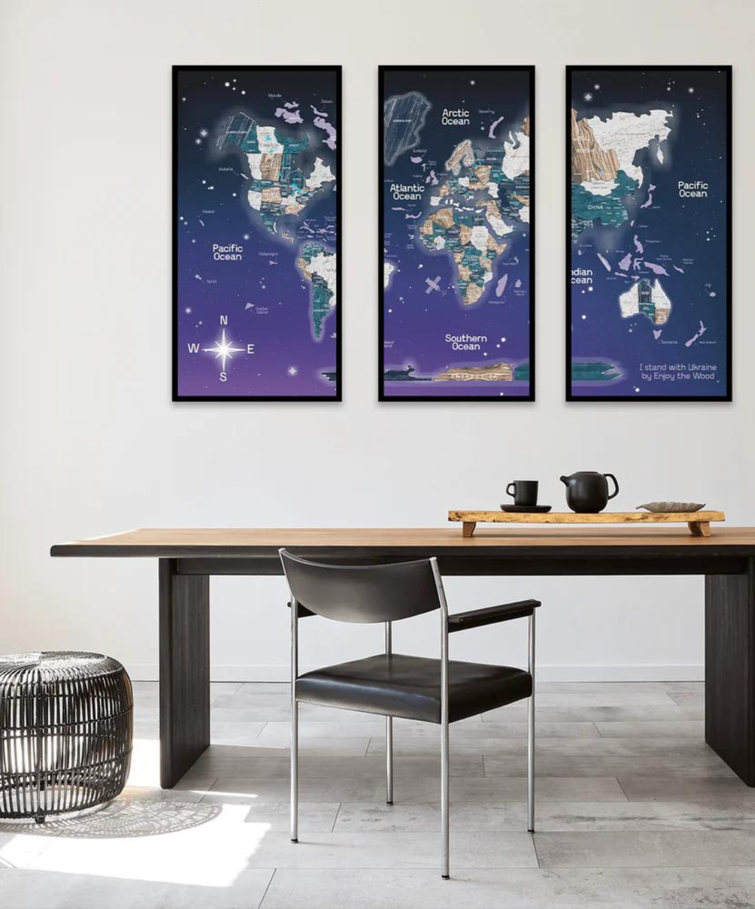 3D-Holz-Triptychon-Weltkarte Mystery