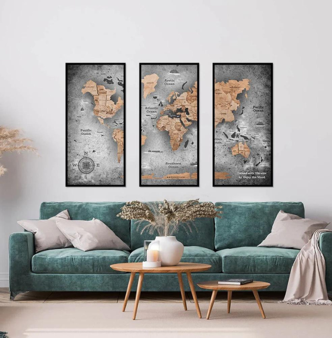 3D-Holz-Triptychon-Weltkarte Terra